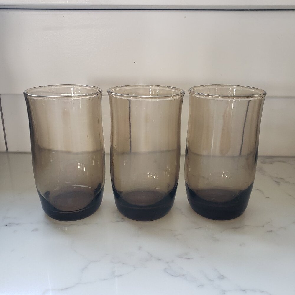 Vintage smoky glass small tulip juice 3 glasses grey brown retro glassware MCM